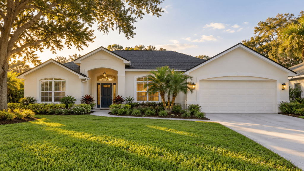Illustration of a renovated single-story home with landscaped garden.